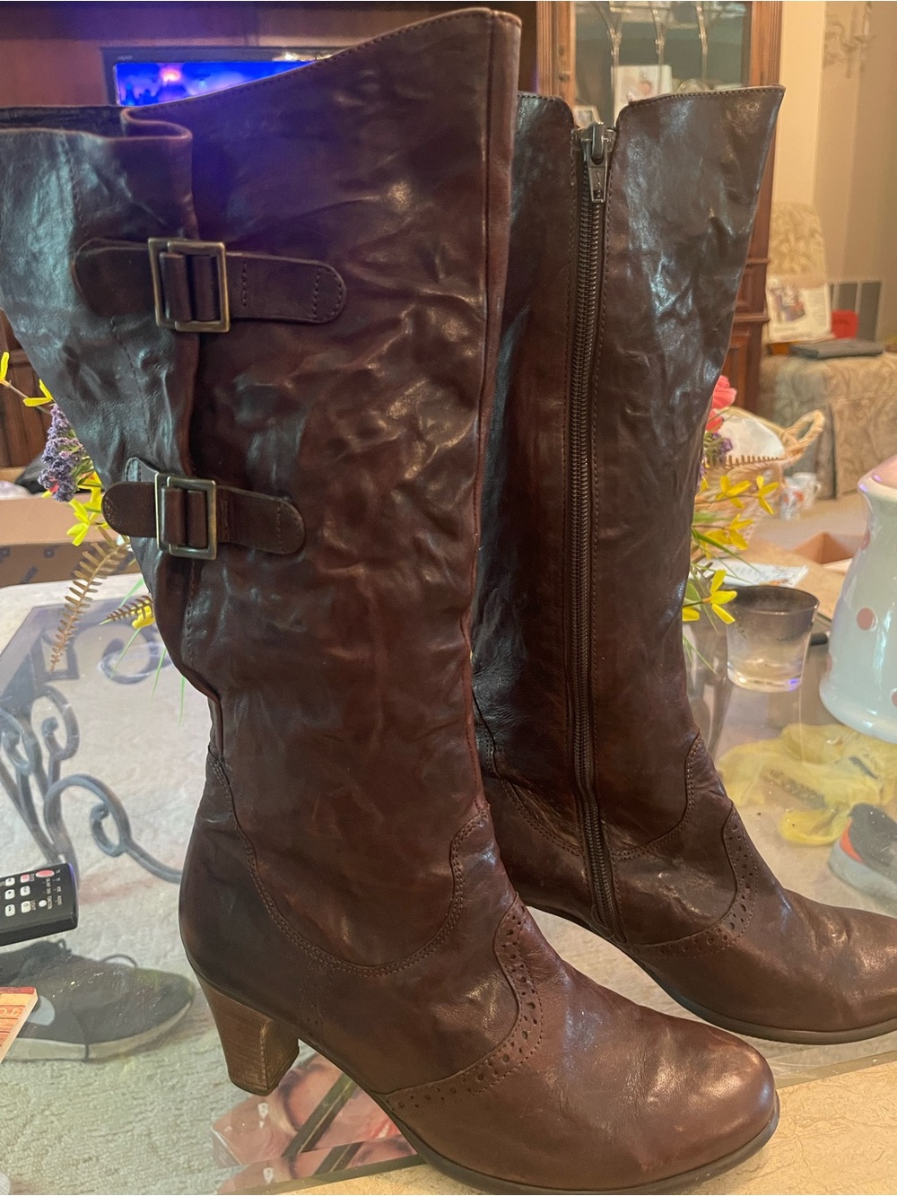 Gabor Dark Brown Leather Mid-Calf Heeled Riding Boots with Buckle Straps